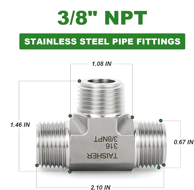 TAISHER 1PCS Forging of 316L Stainless Steel Tee Pipe Fittings, 3/8" x 3/8" x 3/8" NPT Male Pipe Fittings