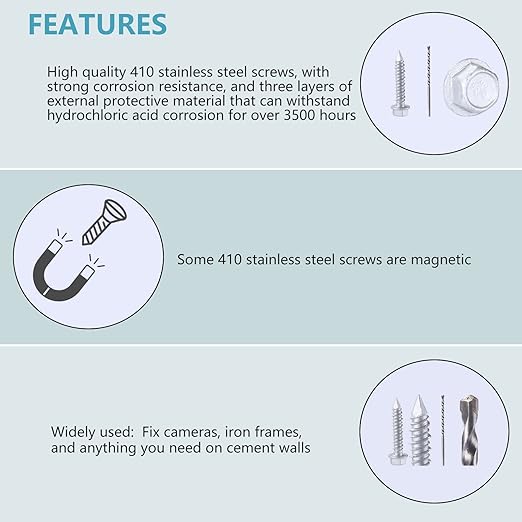 1/4 x 1-1/4" 410 Stainless Steel Hex Head Tapcon Concrete Screw Anchor, for Anchoring to Masonry, Block or Brick (50Pcs/Box)