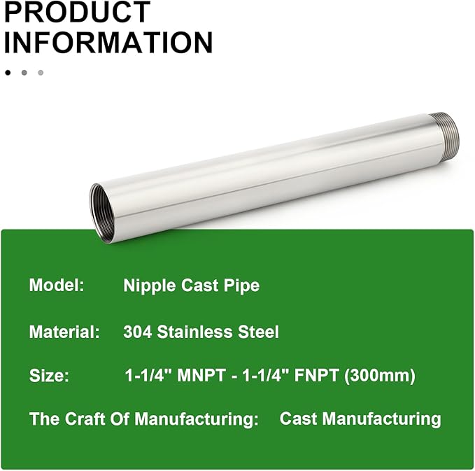 TAISHER 1PCS Stainless Steel Pipe Fittings, 1-1/4" NPT Male x 1-1/4" NPT Female Threaded, 12" Length Nipple Cast Pipe