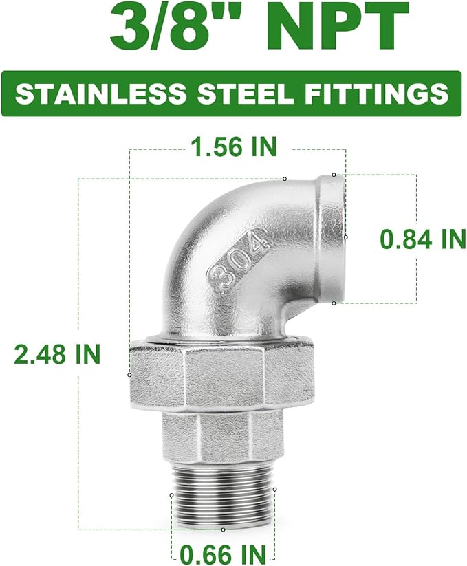 TAISHER 2PCS 304 Stainless Steel 90 Degree Elbow Union，3/8" NPT Female x 3/8" NPT Male Cast Pipe Fitting
