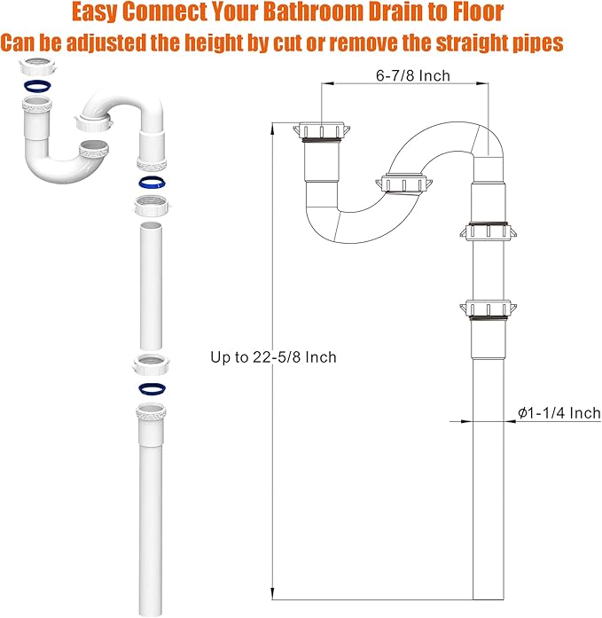 Bathroom Sink Drain Kit,for Most 1-1/4” Bathroom & Kitchen Sink Drain Repair,1-1/4” P Trap or S Trap Sink Plumbing Kit,Sink Pipe Replacement Parts