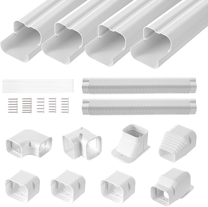 VEVOR Mini Split Line Set Cover 3-inch W 17.6Ft L, PVC Decorative Pipe Line Cover for Air Conditioner with 4 Straight Ducts & Full Components Easy to Install, Paintable for Heat Pumps, White