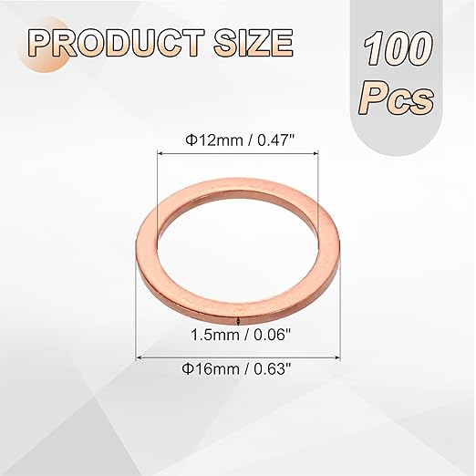 uxcell 100Pcs M12 Flat Washer Copper Washer Sealing Rings, 12mm ID 16mm OD 1mm Thickness Copper Crush Washers Metric Sealing Gasket for Plumbing Machinery Automotive
