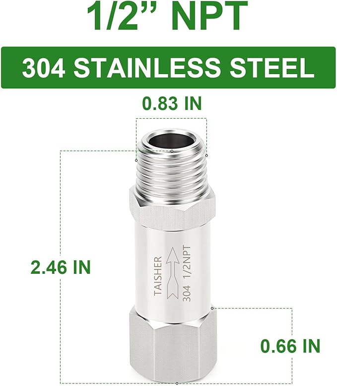 TAISHER 1PCS 304 Stainless Steel 1/2" NPT Male x 1/2" NPT Female Check Valve,Backflow Prevention,One Way Non-Return Check Valves