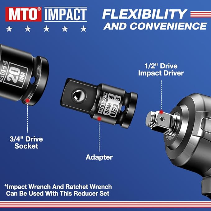 MTO 8-Piece Impact Socket Adapter & Reducer Set, 1/4", 3/8", 1/2", 3/4" Drive, Impact Driver & Wrench Conversion Kit, Chrome Molybdenum Steel