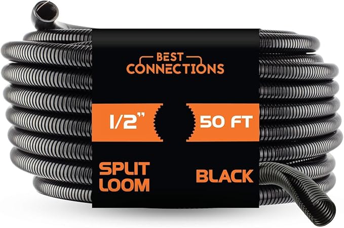 BEST CONNECTIONS (1/2" x 50 ft) Split Wire Loom Flex-Guard Convoluted Tubing Protective Split Cable Sleeves for Automotive Home Industrial Electrical Wires Chemical Resistant Conduit Black
