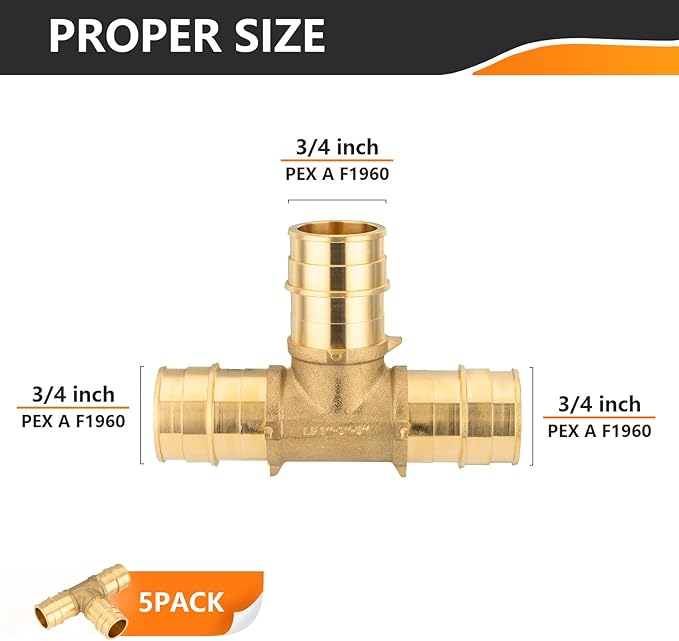 5-Pack HeSun 3/4 Inch Brass PEX-A Expansion Fitting Tee, 3/4"x3/4"x3/4" PEX-A Tee, ASTM F1960(PEX1960043-5)