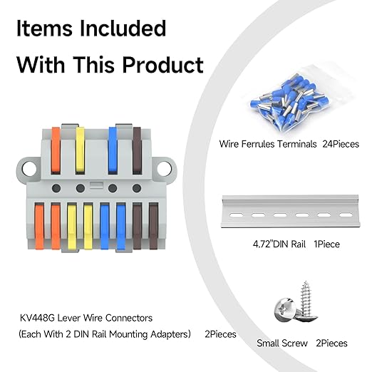 2Pcs Lever Wire Connectors, 4 in 8 Out, Push-in, Quick Wiring DIN Terminal Blocks, 0.7-2.5(4) mm², 600V 32A, 24Pcs Wire Ferrules Terminals & 4.72 Inch DIN Rail Included