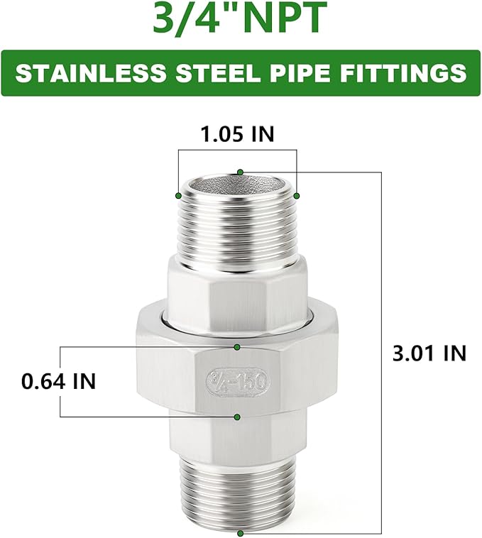 TAISHER 1PCS 304 Stainless Steel Union，3/4" NPT Male x 3/4" NPT Male Cast Pipe Fitting