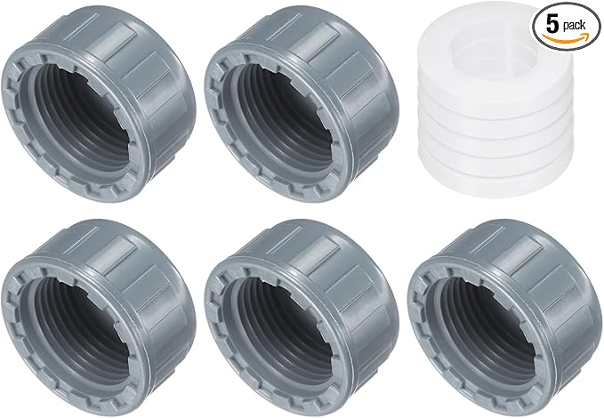 uxcell 5Pcs 3/4 Inch PT Female Thread PVC Pipe Fitting Cap, Cleanout Water Drain End Caps, Pipe Plug Socket Fittings with Gasket for Water Heater Supply Lines, Plumbing, Gray