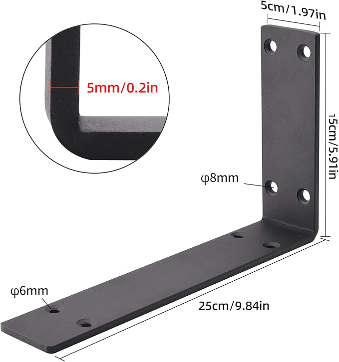 YUMORE Heavy Duty Shelf Brackets 10 inches, 1/5IN Thicken Countertop Support L Brackets, Solid Metal Shelf Bracket, Includes Hardware, Matte Black, 2 Pack