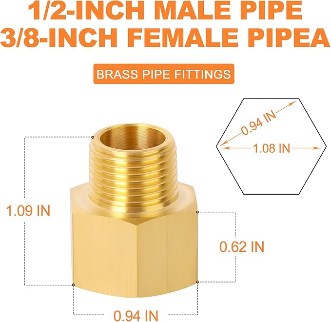 GASHER 5PCS Brass Pipe Fitting, Reducer Adapter, 3/8-Inch Male Pipe x 1/2-Inch Female Pipe