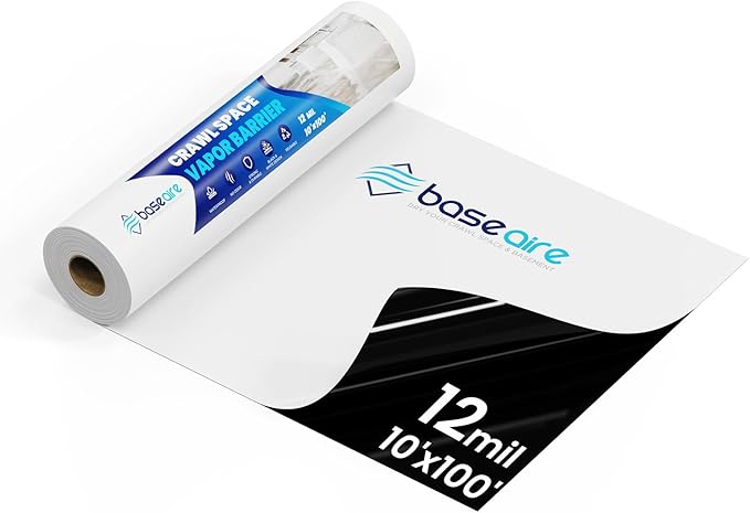 BaseAire Crawl Space Vapor Barrier, 12mil Film, 10'x100', Vapor Barrier Plastic for Basement, Crawlspace Encapsulation, Thick Plastic Sheeting, Black and White Panda Film