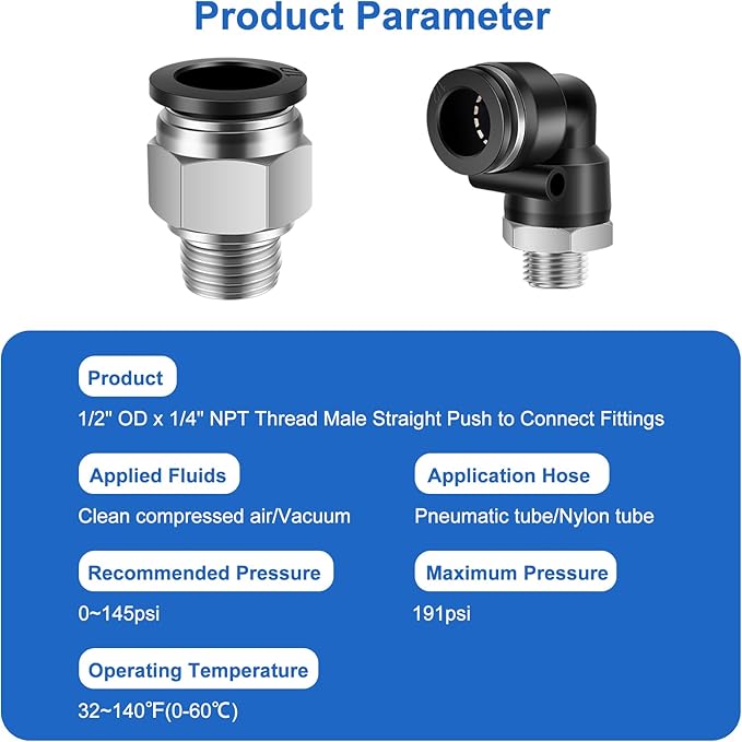 12 Pcs Push to Connect Fittings 1/2 Inch Tube OD x 1/4 Inch NPT Thread Pneumatic Male Straight and Elbow Quick Connect Air line fittings