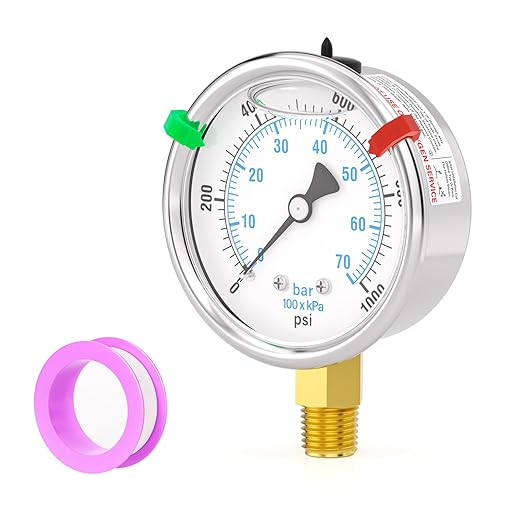 0-1000PSI Stainless Steel Liquid Filled Pressure Gauge, 2.5" Dial Size, 1/4" NPT Lower Mount, for Tube, Water Pump, Gas, Liquid, Pressure Test (with Range Mark Pointer)
