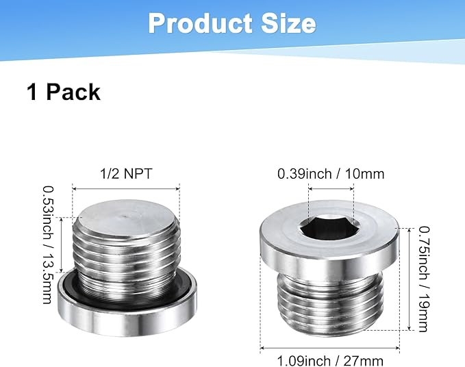 1-Pack Inner Hex Head Pipe Fitting Plug, 1/2 NPT 304 Stainless Steel Socket Bung Plug with Sealing Ring for Terminate Pipe Ends/Replacement Drains
