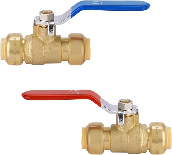HeSun 2-PCs 3/4 Inch Push Fit PEX Ball Valve, Push-to-Connect Full Port Shut-off Valve for Hot and Cold Water,with 1 Disconnect Clip, PEX,Copper,CPVC, Blue & Red