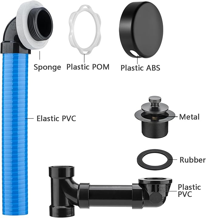 (1 Pack) Yariwiz 1-1/2" Matte Black Bathtub Tub Drain Kit Blue Elastic Tube Bath Waste Overflow Drain Tube Assembly with Universal Lift & Turn Bathtub Drain and Overflow Faceplate Matte Black