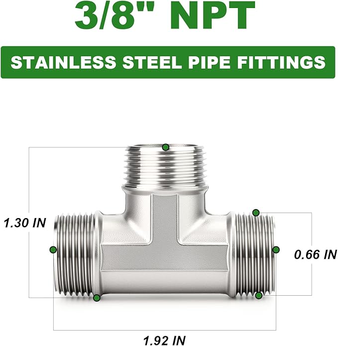 TAISHER 5PCS 304 Stainless Steel Tee Pipe Fittings, 3/8" x 3/8" x 3/8" NPT Male Pipe Fittings