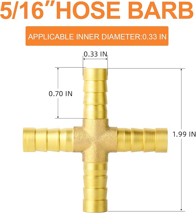 GASHER 5PCS 5/16" Brass Hose Barb, 4-Way Hose Fitting with 20 Hose Clamp Intersection/Lquid/Fuel/Air