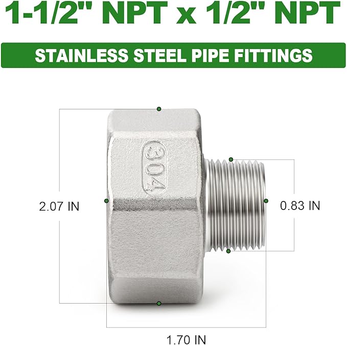 TAISHER 2PCS 304 Stainless Steel Pipe Fitting, Reducer Adapter, 1/2" NPT Male x 1-1/2" NPT Female