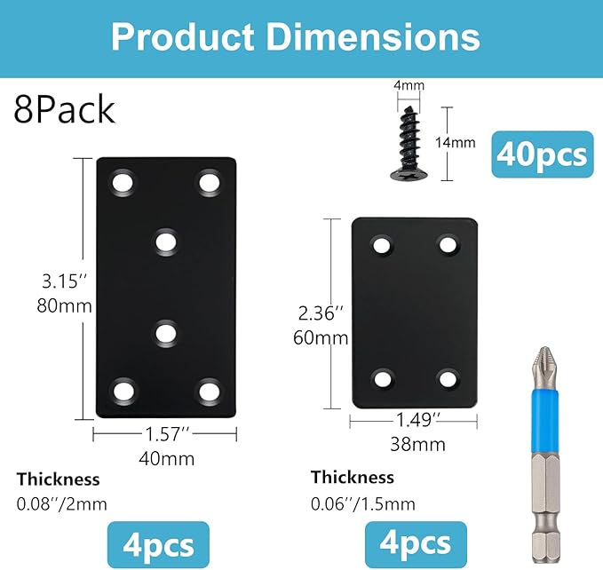 QSJ 8 Pack Black Flat Mending Plate 3.15x1.57‘’ & 2.36x1.49'', Stainless Steel Bracket, Straight Metal Brace Bracket, Fixing Joining Plate for Wood Furniture Fastening & Fixing