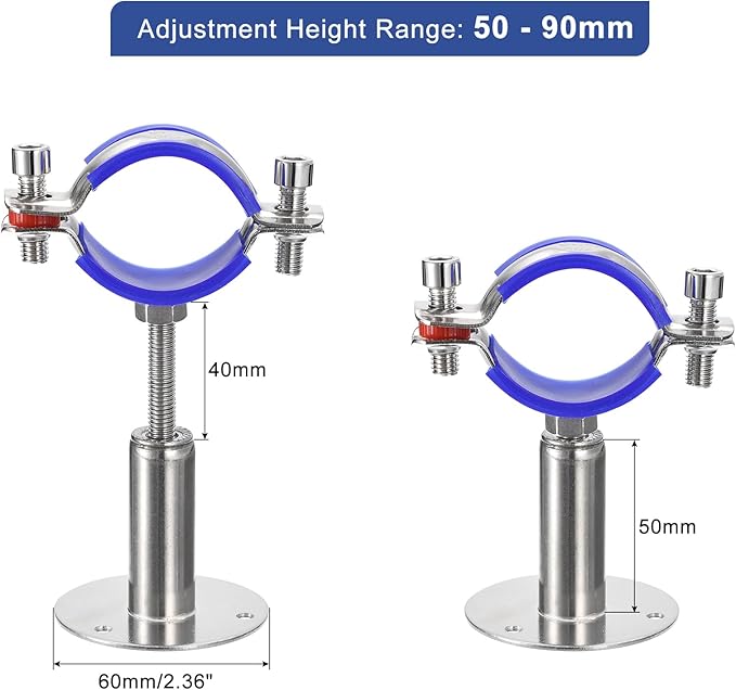 uxcell 2Pcs Stainless Steel Pipe Supports Wall Mount Ceiling Mount Pipe Bracket Adjustable Clamp Pipe Strap Fit for Dia 45-48mm Pipe Tube