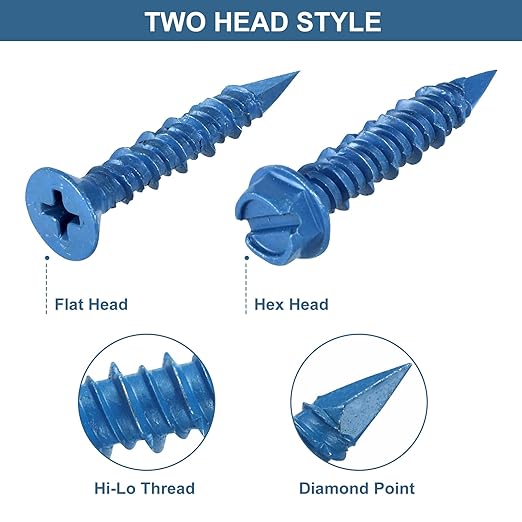Concrete Screws with Drill Bit, 200Pcs Concrete Screw 1/4 3/16 Assortment Kit, Flat & Hex Head Masonry Block Brick Cement Screws and Anchors, No Pre Drilling, Diamond Point