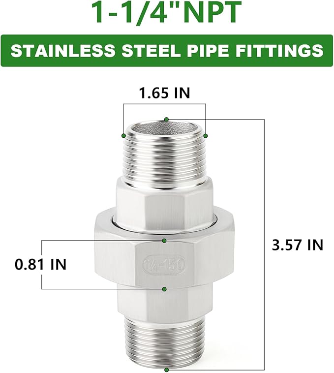 TAISHER 2PCS 304 Stainless Steel Union，1-1/4" NPT Male x 1-1/4" NPT Male Cast Pipe Fitting