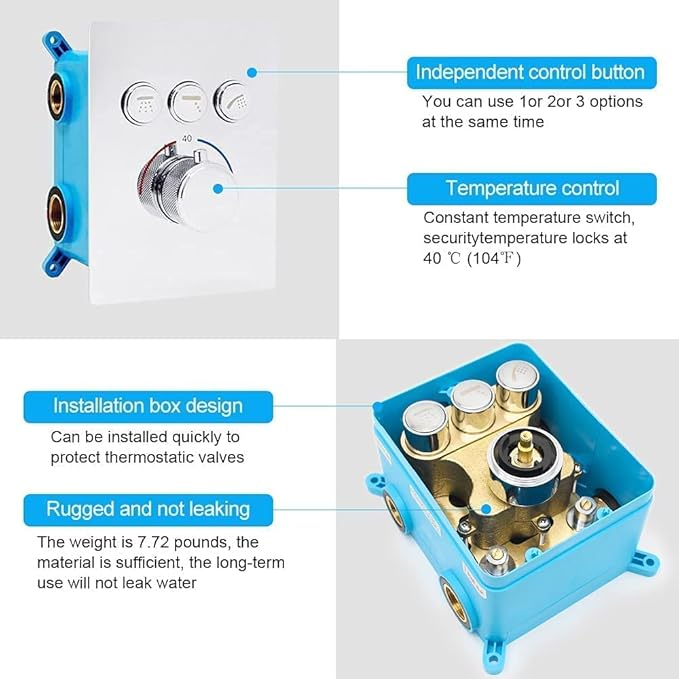 Modern Push-Button 3 Way Thermostatic Shower Diverter Valve Concealed Brass Faucet Rough-In Mixer Valve Kit in Chrome, Can Use Together