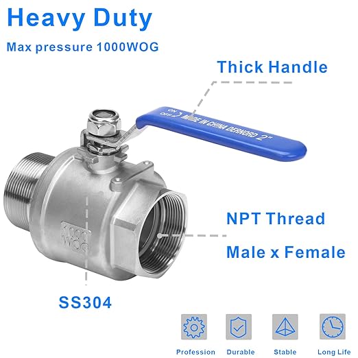 DERNORD Full Port Ball Valve 2 Inch - Male x Female Stainless Steel 304 Heavy Duty for Water, Oil, and Gas,1000WOG (2 Inch NPT)