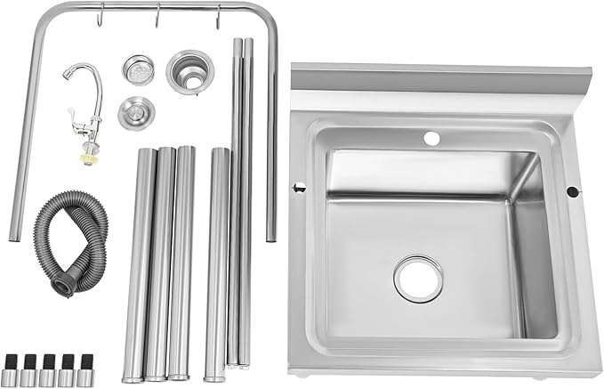 Stainless Steel Floor Mop Sink with Hanging Rod & Hooks Mop Commercial Mop Sink with Faucet & Drain Filter for Restaurant, Garages, 23.6x23.6x68.9in