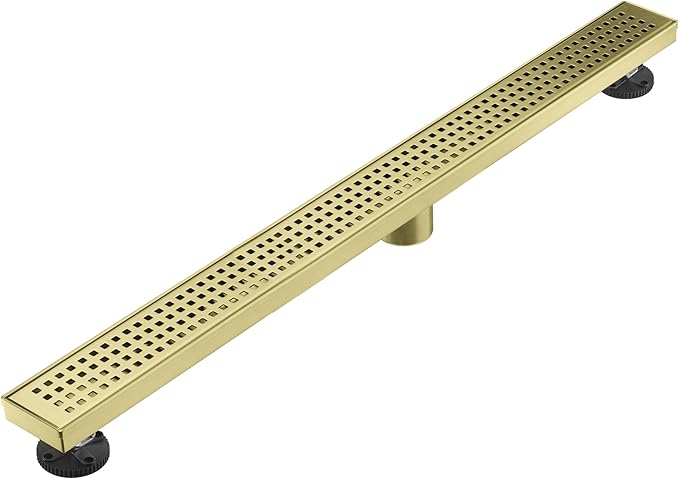 Linear Shower Floor Drain, Brushed Gold 36 Inch 304 Stainless Steel Bathroom Drains Kit, Long Rectangular Shower Trench Drain with Square Pattern Drain Cover & Hair Catcher