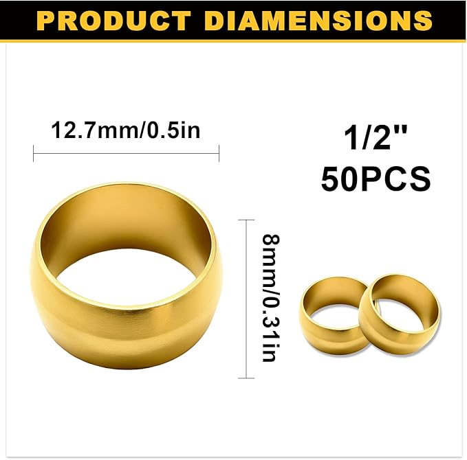 Siptenk 50PCS Brass Compression Sleeves Ferrules for Tube OD 1/2", Hose Compression Fitting Brass Ferrule for DOT Air Brake Lines, Water, Fuel, Oil