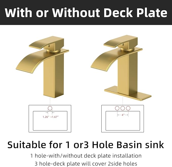 Bathroom Faucet Brushed Gold Modern Waterfall Bathroom Sink Faucet with Single Handle Suitable for 1 or 3 Holes,Supply Deck Plate and Hose…