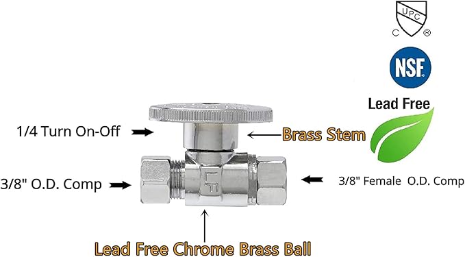 (10Pc) EZ-Fluid Plumbing Straight Angle Stop Valve 3/8-Inch O.D Female Compression x 3/8-Inch O.D Male Comp.Lead-Free Brass Quarter Turn Water Shut Off Repair Add On Stop Ball Valve,Kitchen,Bathroom