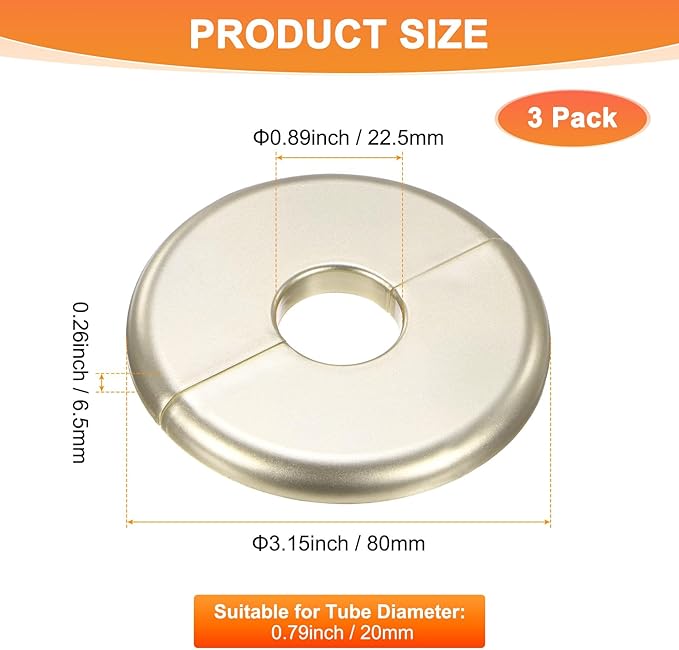 3-Pack Wall Split Flange, ABS Round Self-Adhesive Escutcheon Plate Cover Buckle for 20mm/0.79 in Dia Pipe Accessories/Floor/Ceiling, Plumbing Cover Plates [Gold,6.5mm/0.26in H]