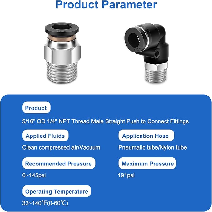 12 Pcs Push to Connect Fittings 5/16 Inch Tube OD x 1/4 Inch NPT Thread Pneumatic Male Straight and Elbow Quick Connect Air line fittings
