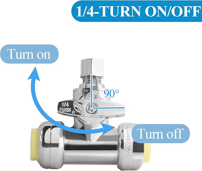 WiseWater 1/2" Push Fit Tee Stop Valve for Refrigerator Ice Maker & Water Filter, 1/2" x 1/2" x 1/4" Double Top Valve, Heavy-Duty Chrome Plated Brass Shut Off Valve, NSF Certified (2 Pack)