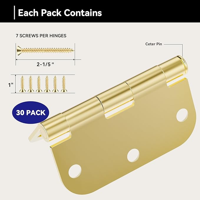 Door Hinges Polished Brass - 30 Pack Gold Door Hinges 3.5 Inch Rounded Interior Door Hinge with 5/8" Radius - 3 1/2 Inches Flat Iron Brass Hinges for Residential Standard Doors