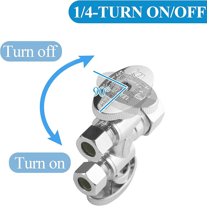 WiseWater 5/8" x 3/8" x 3/8" Compression Dual Shut Off Valve, Chrome Plated Brass 1/4 Turn Double Straight Stop Valve for Refrigerator, Ice Maker, Coffee Brewers, Water Filters (2 Pack)
