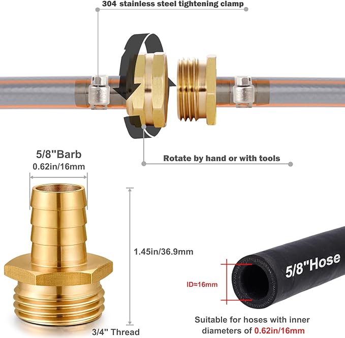 Solid Brass Garden Hose Repair kit Connector with Clamps 5/8" Barb x 3/4" Male,Fit for Garden Hose Fitting,Male and Female Hose Fittings