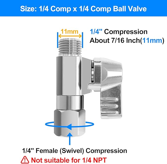 Brass Ball Valve - 1/4" Comp Female Swivel x 1/4" Comp Male Shut off Valve,Quarter Turn Stop Valve for Adjusting and Switching the Water Inlet of Refrigerator,Ice Maker and Large Humidifier