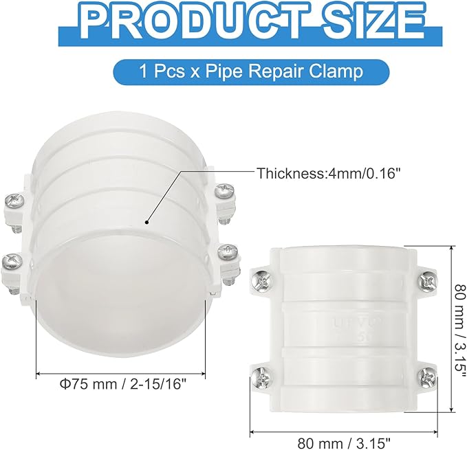 PATIKIL 2-15/16" Water Pipe Repair Clamp PVC Leak Sealer for OD 75mm PE/PPR/Pipes and Plumbing (Length 3.1 Inch), White