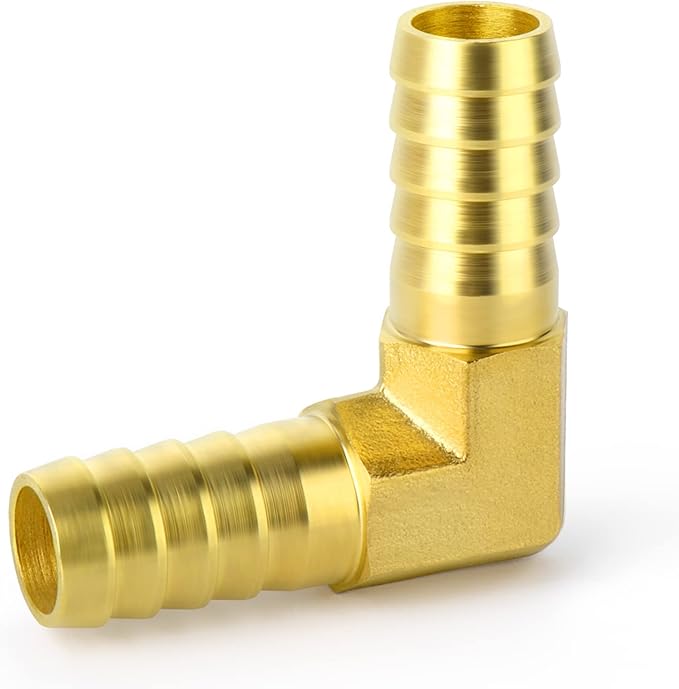 GASHER 2 Pieces Brass Hose Barb Reducer, 3/8 Inch to 3/8 Inch Hose ID 90 Degree L Right Angle Elbow with 4 Hose Clamps, Brass Barb Reducer SPLICER Fitting Fuel/AIR/Water/Oil/Gas/WOG