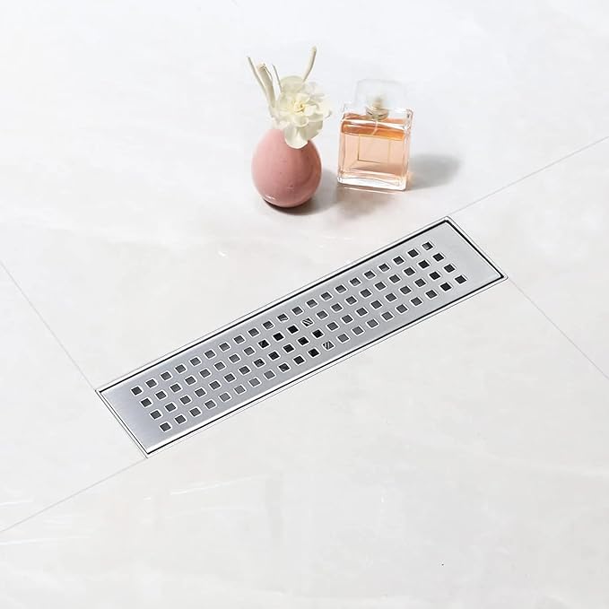 Linear Shower Drain, 12 inch Drain with Removable Grate Cover, Brushed 304 Stainless Steel Shower Floor Drain, Linear Drain with Hair Strainer and Adjustable Feet