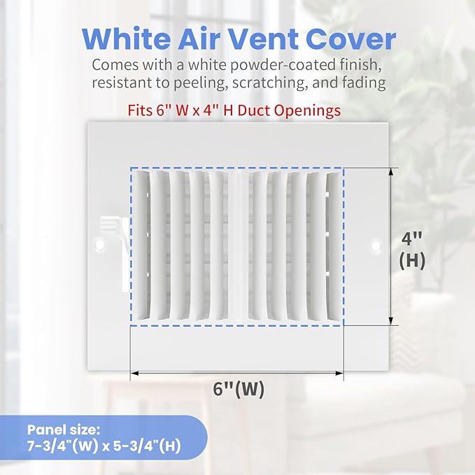 6 x 4 Inch [Duct Opening] Air Vent Covers for Wall or Ceiling - High Airflow 2 Way Steel Ventilation - Adjustable Wall/Ceiling Register, 7-3/4 Inch x 5-3/4 Inch [Overall Dimensions]