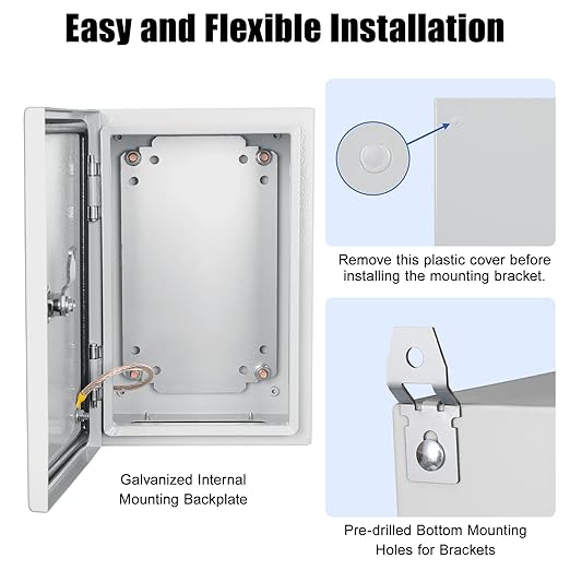 LeMotech Electrical Box 12 x 8 x 6 inch Steel Enclosure, IP66 Waterproof Dustproof Junction Box Wall-Mounted for Outdoor/Indoor Lockable with Equipment Mounting Plate