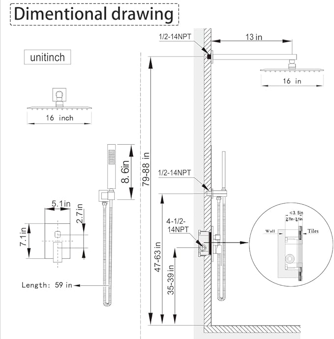 Brushed Nickel Shower System 16 Inch Bathroom Luxury Rain Mixer Shower Combo Set Wall Mounted Rainfall Shower Head and Handheld System Shower Faucet Set Rough-in Valve Body and Trim Kit