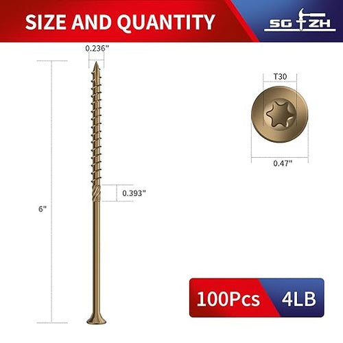 #14 x 6 Inch Deck Screws (100Pcs) 4lb. Carbon Steel, Yellow, Flat Head, Rust Resistant epoxy Coated, with T30 Star Bit